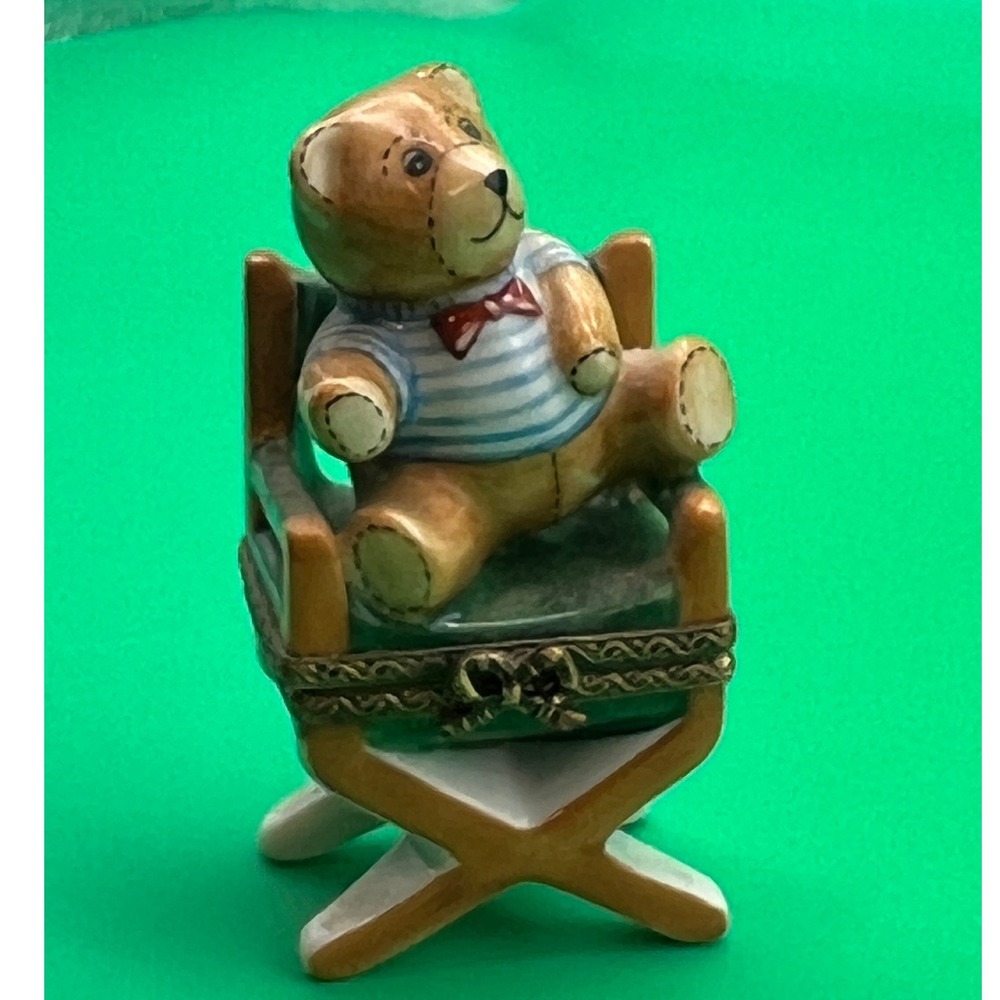 Vtg Limoges France Porcelain‎ Teddy Bear In Director's Chair Trinket Box